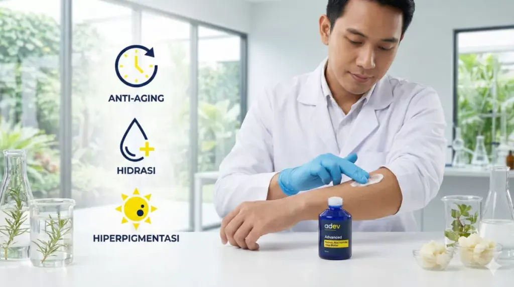 Infografis advanced body care dengan retinol, niacinamide, dan shea butter adev untuk keremajaan kulit.