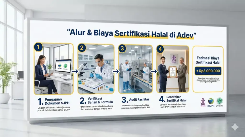 Infografis alur dan estimasi biaya sertifikasi halal produk kosmetik di Adev.