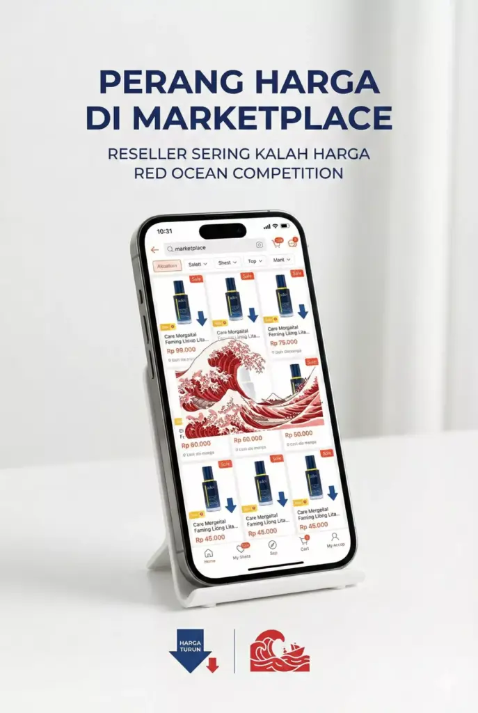 Infografis menjelaskan penyebab perang harga di marketplace dan analisis kompetisi reseller kosmetik.