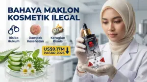 Ilustrasi infografis bahaya dan risiko maklon kosmetik ilegal ditinjau dari aspek hukum, kesehatan, dan bisnis di Indonesia