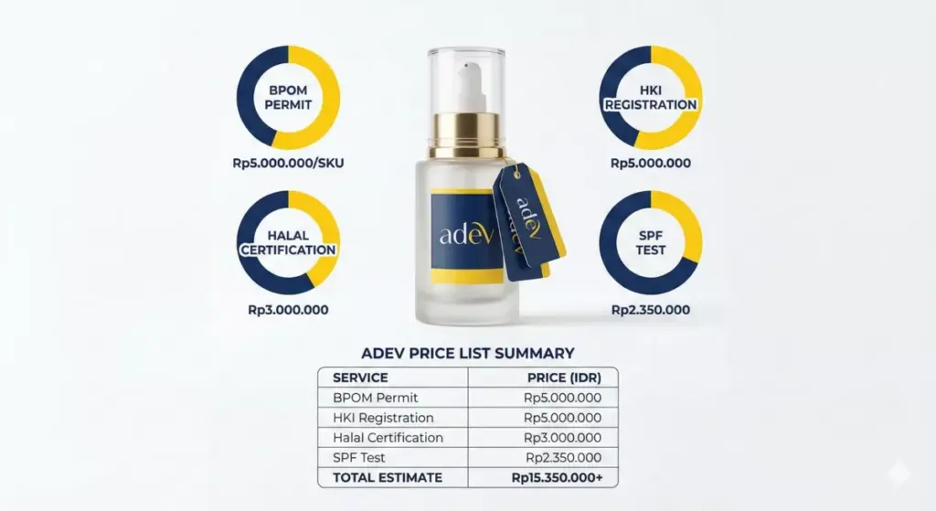 Infografis rincian biaya jasa izin BPOM kosmetik Adev: Rp5 juta per produk plus HKI halal.
