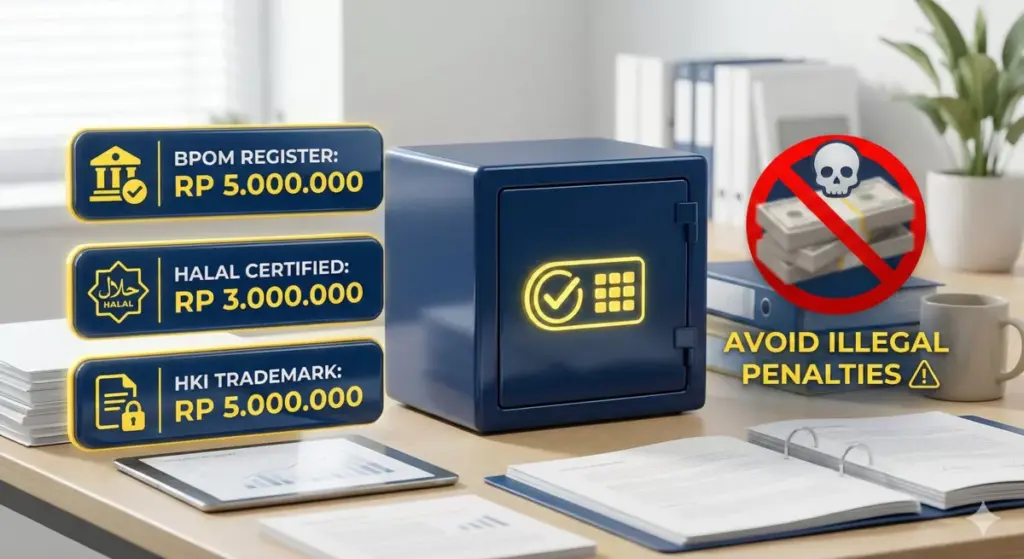 Estimasi biaya BPOM Rp5 juta, halal Rp3 juta, merek Rp5 juta untuk maklon kosmetik herbal yang aman dan legal.