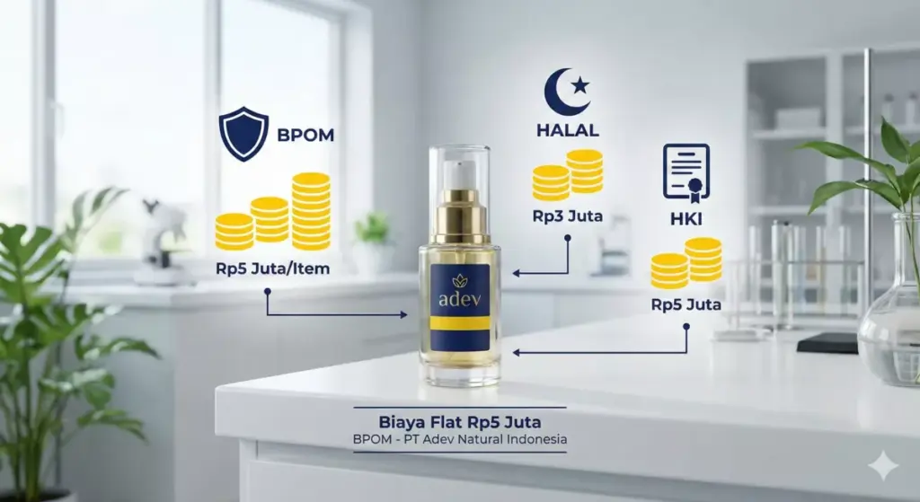 Infografis estimasi biaya pendaftaran BPOM Rp5 juta dan halal Rp3 juta di pabrik Adev Natural Indonesia
