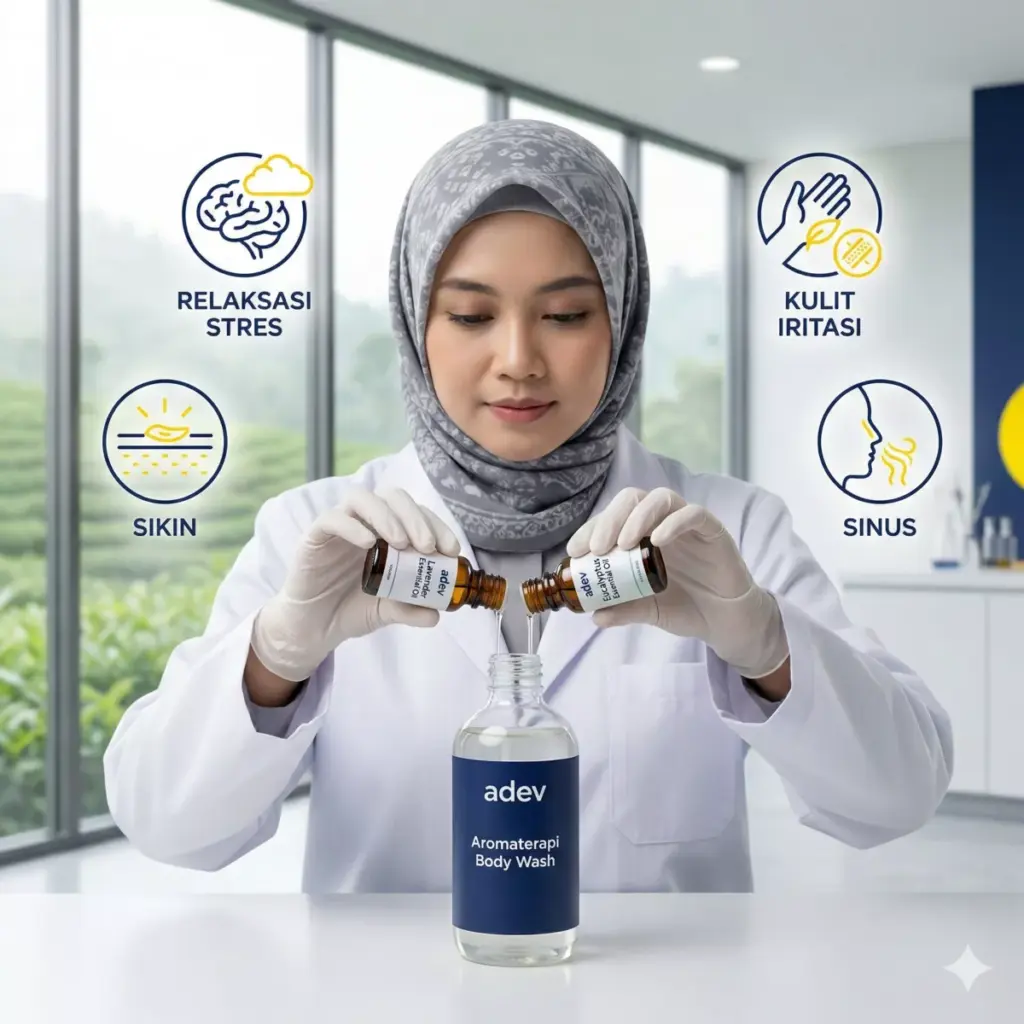 Infografis manfaat body care aromaterapi lavender dan eucalyptus untuk relaksasi dari pabrik adev.