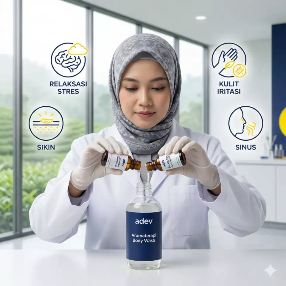 Infografis manfaat body care aromaterapi lavender dan eucalyptus untuk relaksasi dari pabrik adev.