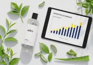 Botol sabun mandi brand adev dikelilingi bahan alami dan tablet yang menampilkan grafik strategi cara iklan sabun mandi.