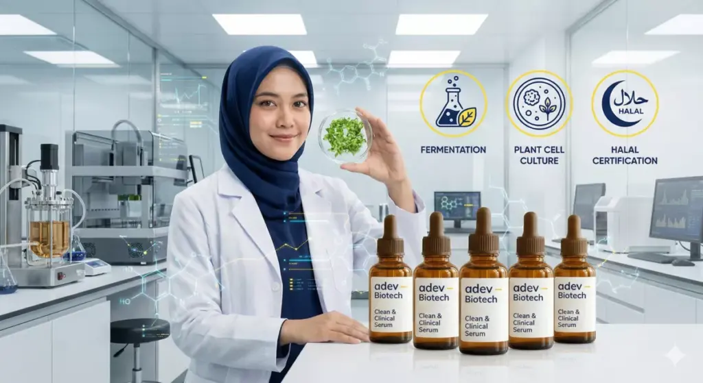 Infografis clean dan clinical beauty berbasis bioteknologi dengan ilmuwan kosmetik Indonesia di laboratorium modern.