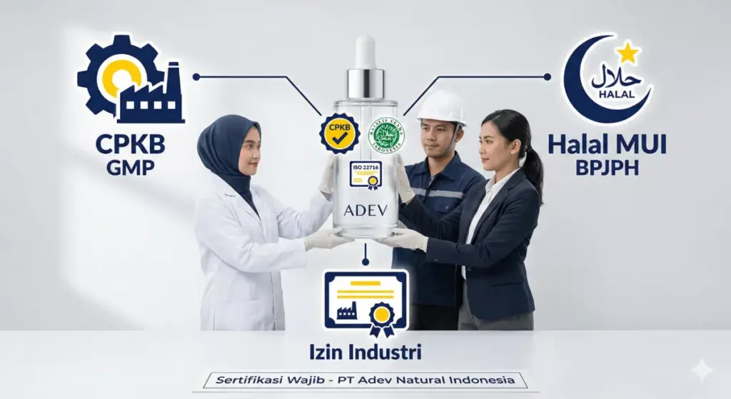 Infografis daftar sertifikasi wajib CPKB, halal MUI, dan izin industri pabrik kosmetik PT Adev Natural Indonesia