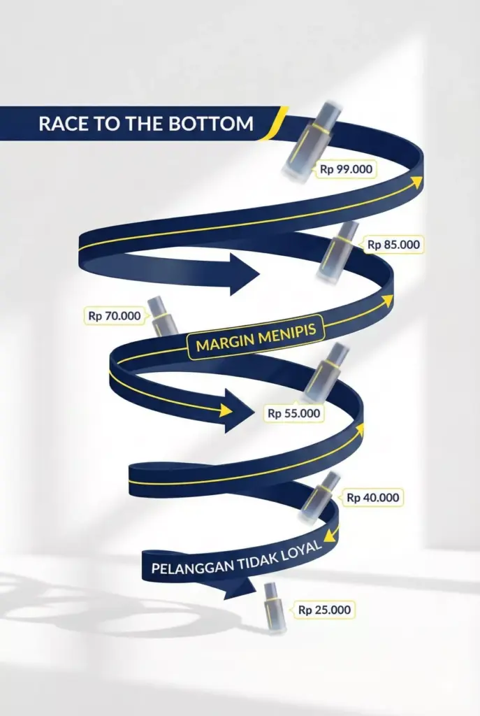 Infografis tentang dampak buruk race to the bottom berupa margin menipis dan pelanggan tidak loyal di marketplace.