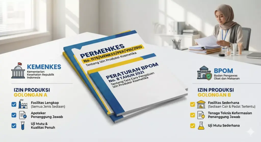Infografis dasar hukum klasifikasi industri kosmetik Indonesia menampilkan Permenkes 1175 dan Peraturan BPOM 8 2021.