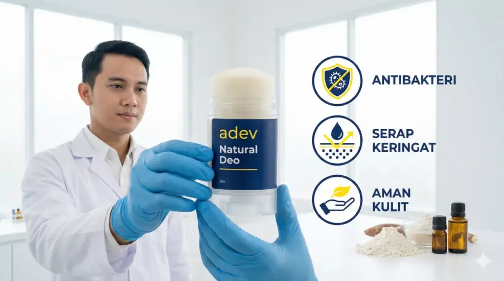 Infografis deodoran natural arrowroot yang bebas aluminium dari adev sehingga aman untuk kulit.