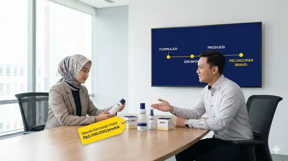 Sesi konsultasi brand owner dengan tim PT Adev membahas formulasi izin BPOM dan desain kemasan mulai dua juta.