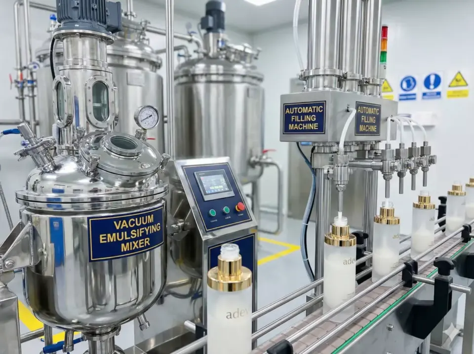 Mesin vacuum emulsifying mixer dan automatic filling modern di pabrik kosmetik golongan A.