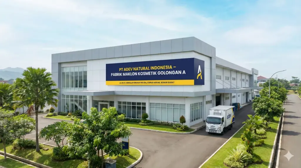 Gedung pabrik modern PT Adev Natural Indonesia di Bogor sebagai fasilitas maklon kosmetik golongan A.