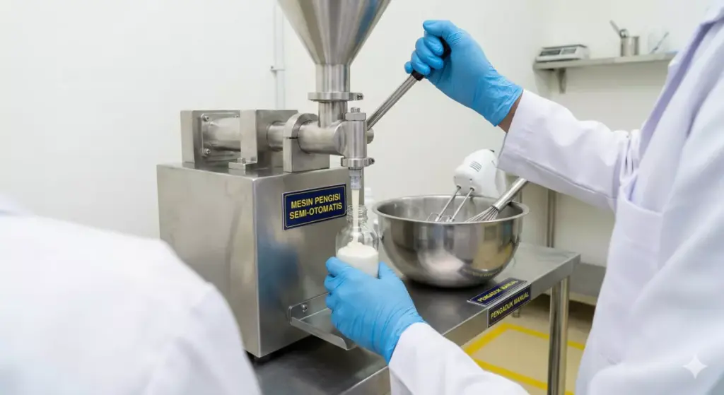 Peralatan semi-otomatis dan manual di fasilitas produksi kosmetik golongan B.