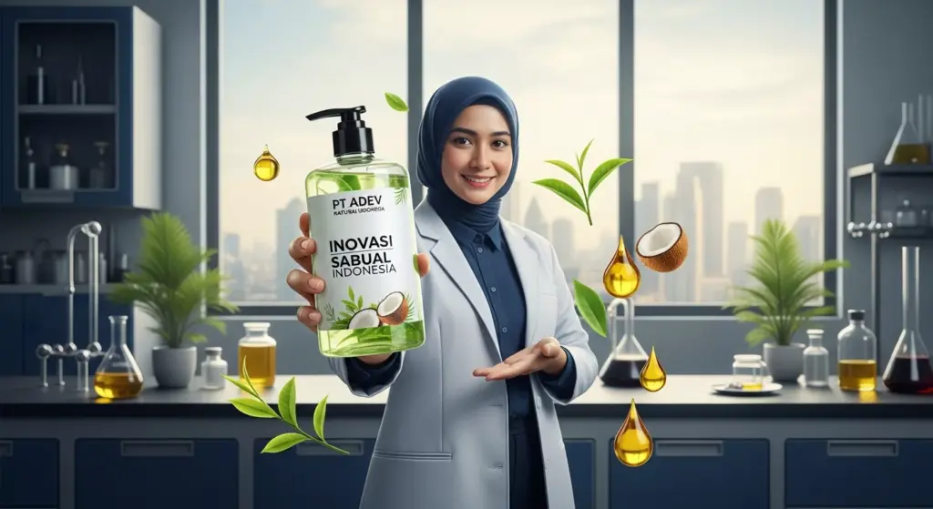 Gambar utama wanita ilmuwan Indonesia berhijab memegang botol sabun natural PT Adev di lab modern, mewakili inovasi industri sabun Indonesia.