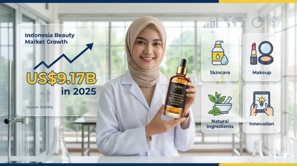 Infografis potensi pasar kosmetik US$9 miliar dorong wirausaha kosmetik bersama Adev
