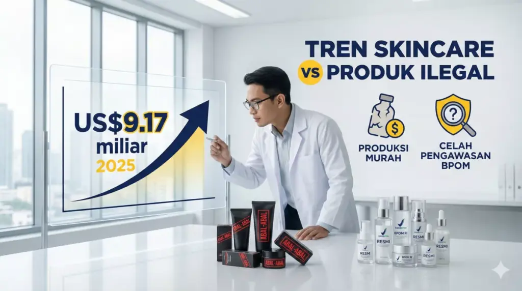 Infografis tren pertumbuhan skincare Indonesia dan maraknya kosmetik ilegal alias abal-abal.