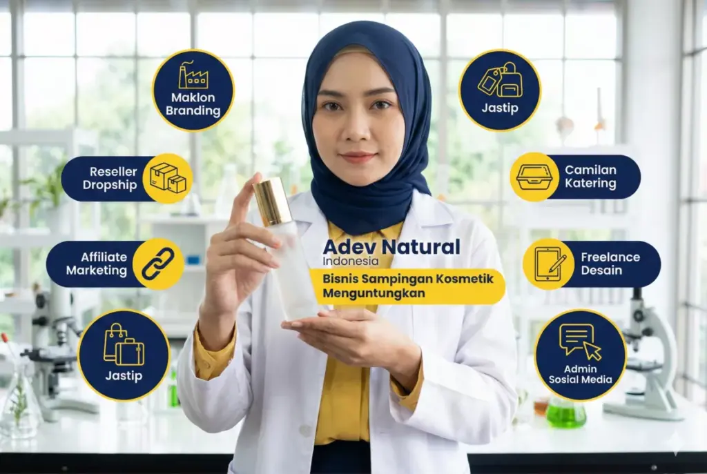 Wanita profesional hijab di lab Adev memegang botol kosmetik dengan ikon 7 ide bisnis sampingan karyawan swasta yang menguntungkan