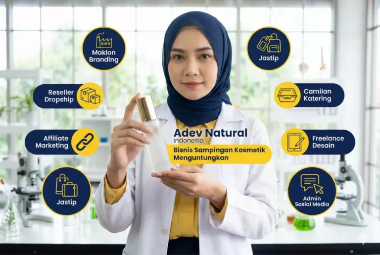 Wanita profesional hijab di lab Adev memegang botol kosmetik dengan ikon 7 ide bisnis sampingan karyawan swasta yang menguntungkan