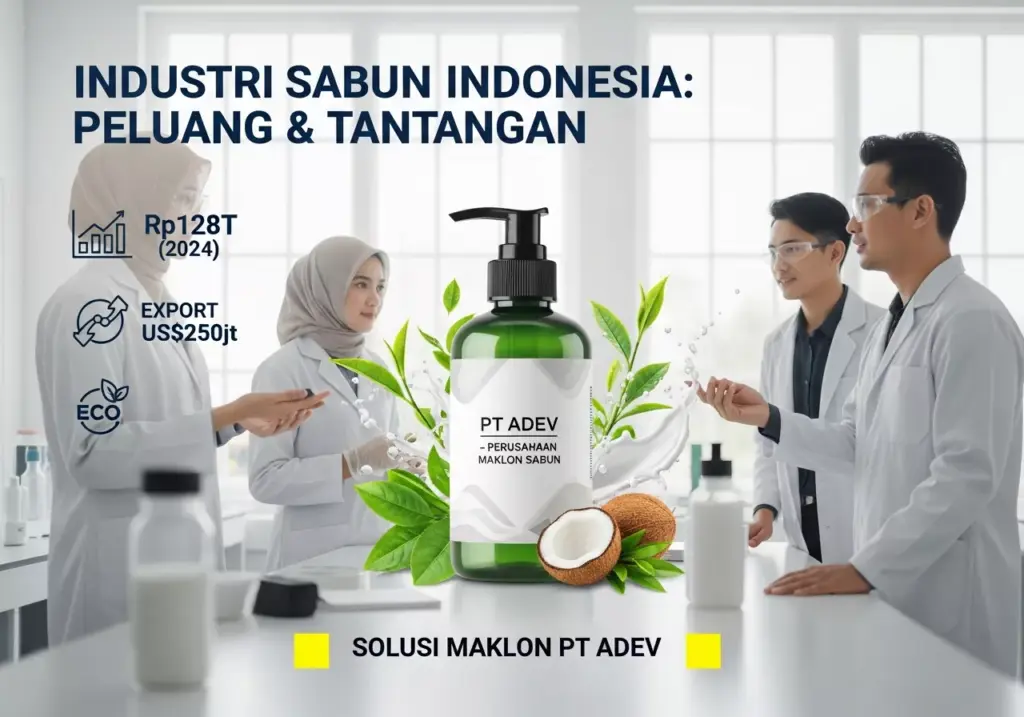 Infografis industri sabun Indonesia menampilkan peluang pasar Rp128T, ekspor US$250jt, dan solusi maklon PT Adev dengan elemen natural dan tim profesional.