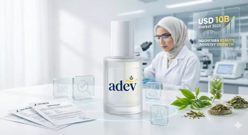 Infografis jasa pengurusan izin BPOM kosmetik Adev untuk produk legal terpercaya di industri USD 10 miliar.