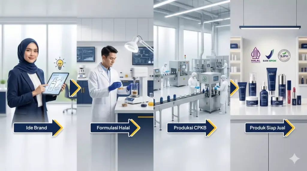 Infografis alur pengertian maklon kosmetik halal dari ide brand hingga produk siap jual.