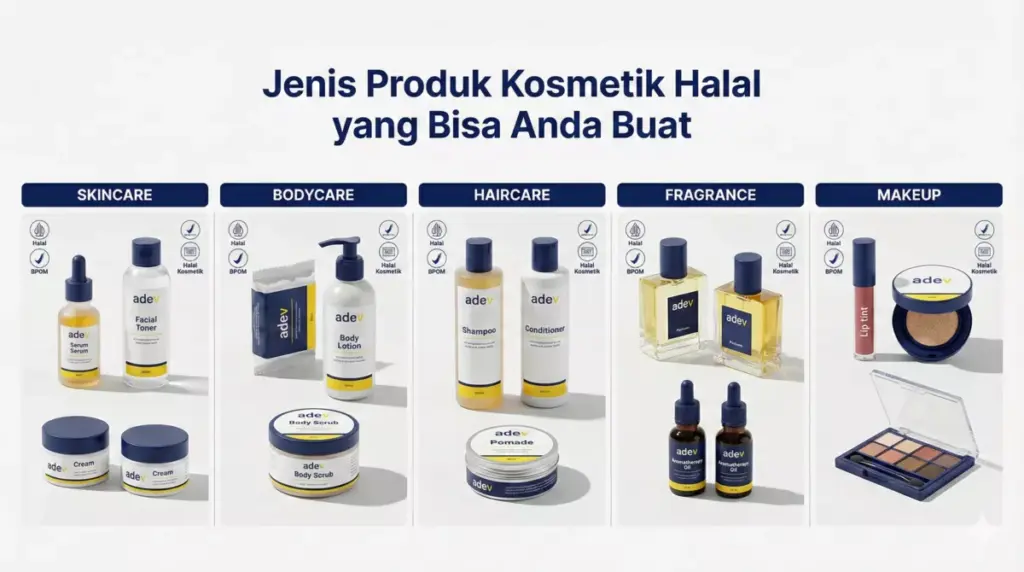 Infografis berbagai jenis produk skincare, bodycare, haircare, parfum, dan makeup halal yang bisa dibuat di Adev.