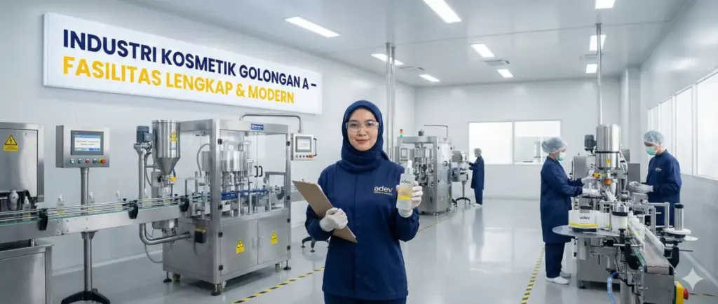Pabrik kosmetik golongan A modern dengan ilmuwan wanita berhijab dan mesin canggih berstandar BPOM.