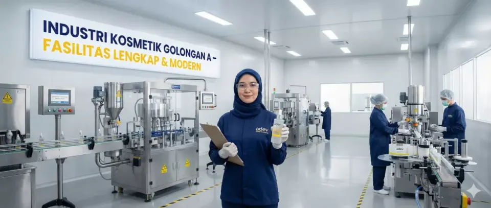 Pabrik kosmetik golongan A modern dengan ilmuwan wanita berhijab dan mesin canggih berstandar BPOM.