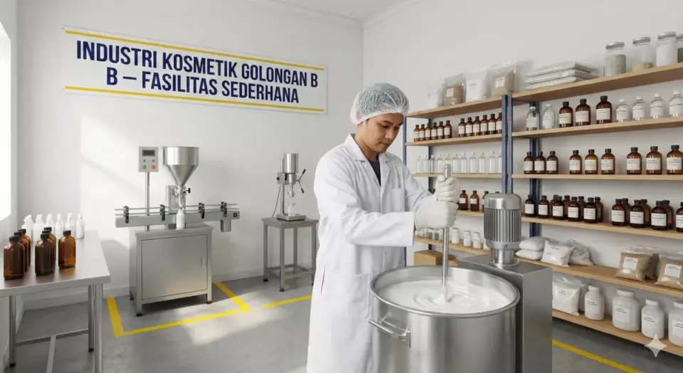Pabrik kosmetik golongan B dengan fasilitas sederhana dan teknisi mencampur lotion.