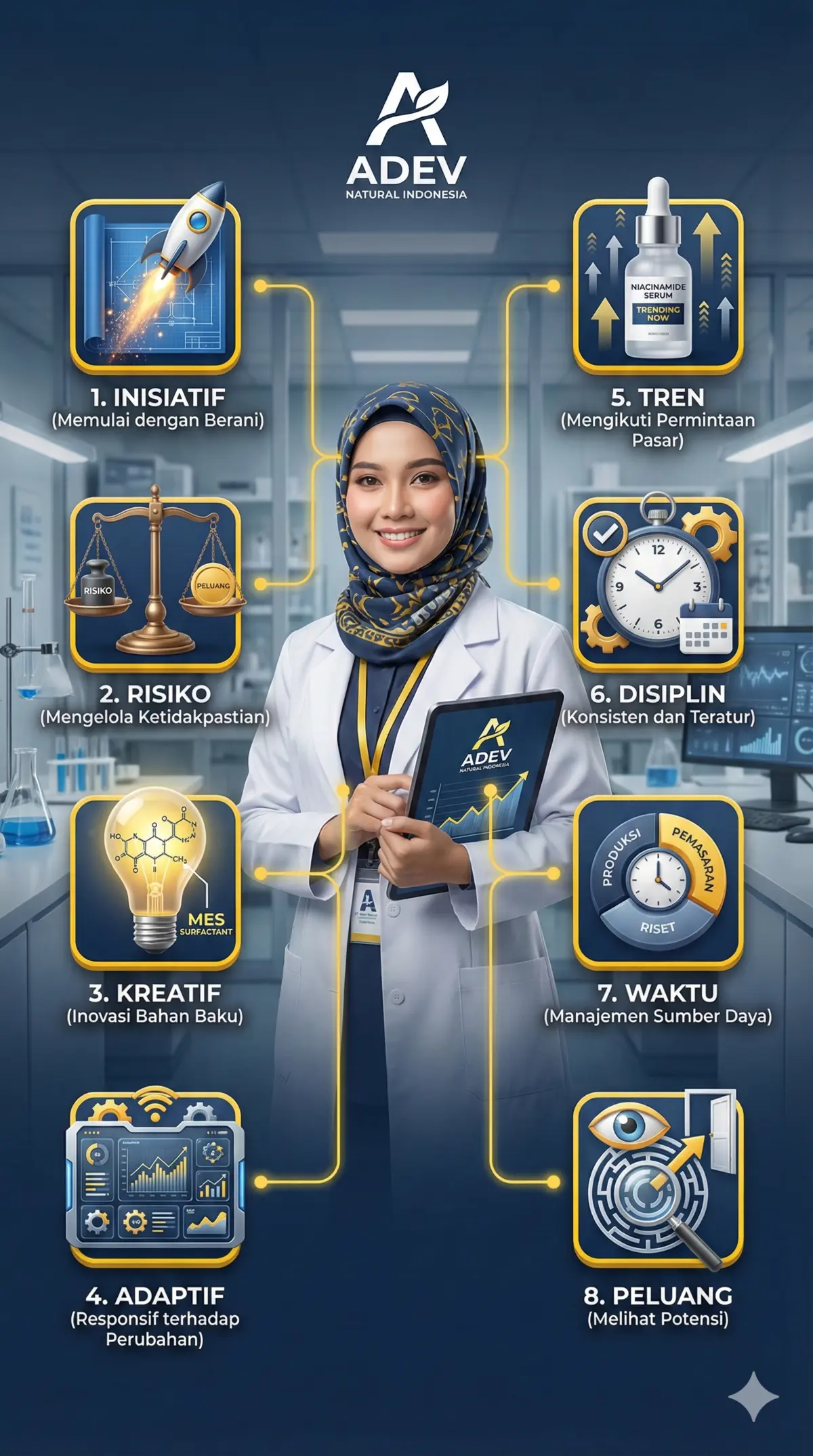 Infografis karakter wirausahawan: berani ambil risiko terukur, inovatif, adaptasi teknologi di industri kecantikan