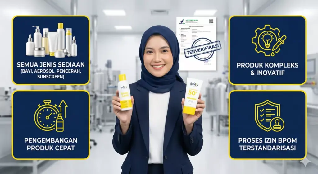 Infografis kelebihan industri kosmetik golongan A untuk produksi semua jenis sediaan termasuk bayi dan sunscreen.