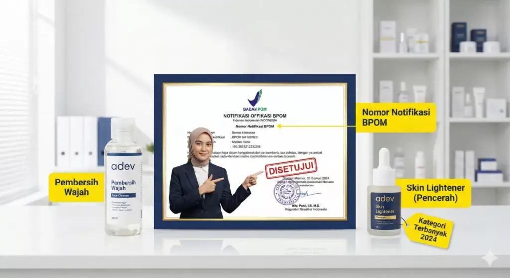 Infografis nomor notifikasi BPOM untuk pembersih wajah dan skin lightener sebagai kategori produk terlaris.
