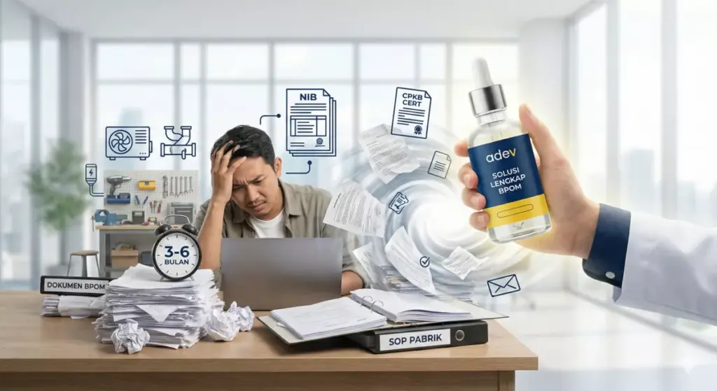 Infografis kendala umum pengurusan izin BPOM kosmetik: dokumen rumit dan waktu lama 3-6 bulan.