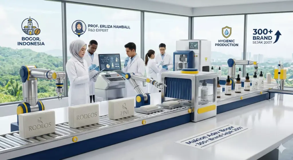 Infografis keunggulan maklon kosmetik di pabrik bersertifikat PT Adev Natural Indonesia Bogor dengan tim R&D IPB