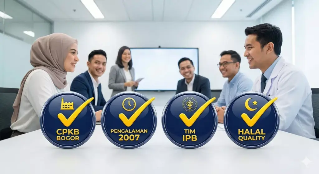 Keunggulan maklon Adev: CPKB Bogor, tim IPB, sertifikasi halal ISO sejak 2007.