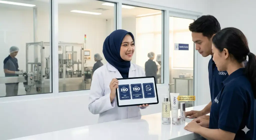 Tim QA PT Adev menunjukkan sertifikasi ISO dan CPKB serta ajakan cek keaslian produk secara online.