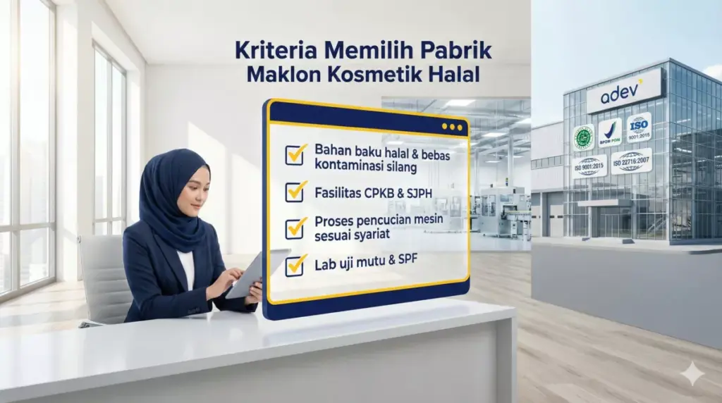 Infografis kriteria memilih pabrik maklon kosmetik halal dengan checklist halal, CPKB, dan SJPH.