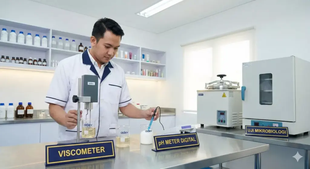 Laboratorium kosmetik golongan A dengan viscometer pH meter dan peralatan uji mikrobiologi lengkap.