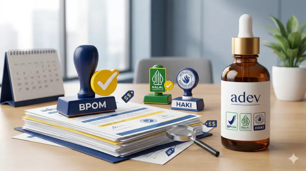 Estimasi Biaya Maklon: Biaya BPOM Rp5jt halal Rp3jt merek Rp5jt Adev