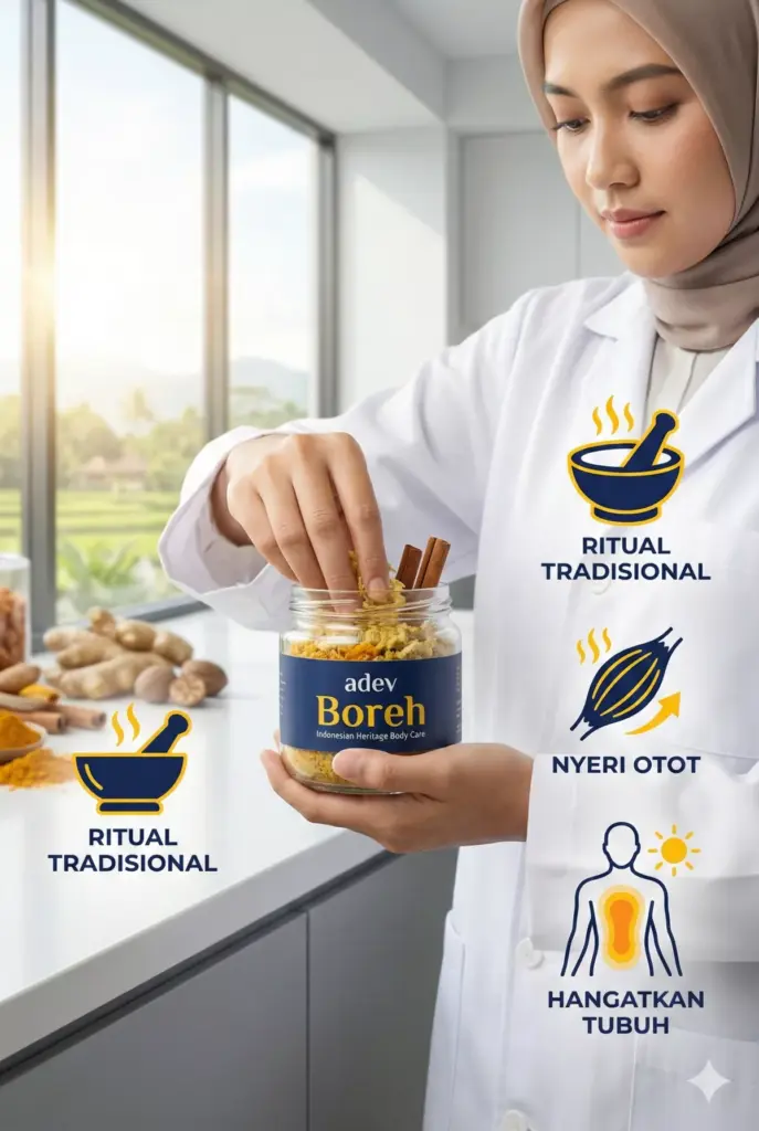 Infografis body care warisan berupa boreh Bali dengan jahe dan kunyit adev untuk relaksasi tradisional.