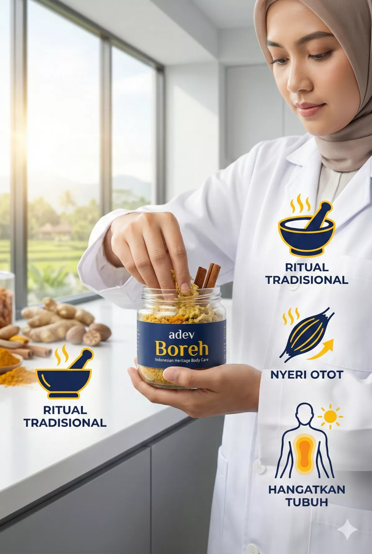 Infografis body care warisan berupa boreh Bali dengan jahe dan kunyit adev untuk relaksasi tradisional.