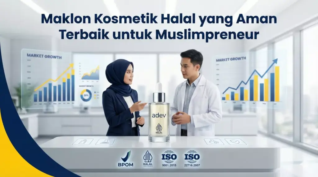 Infografis maklon kosmetik halal PT Adev untuk Muslimpreneur dengan ilmuwan kosmetik di laboratorium.