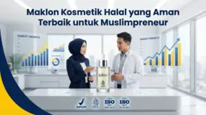Infografis maklon kosmetik halal PT Adev untuk Muslimpreneur dengan ilmuwan kosmetik di laboratorium.