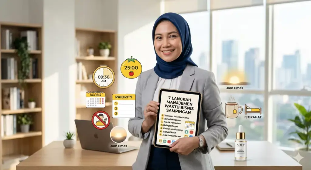 Infografis 7 langkah manajemen waktu bisnis sampingan cuan tanpa burnout