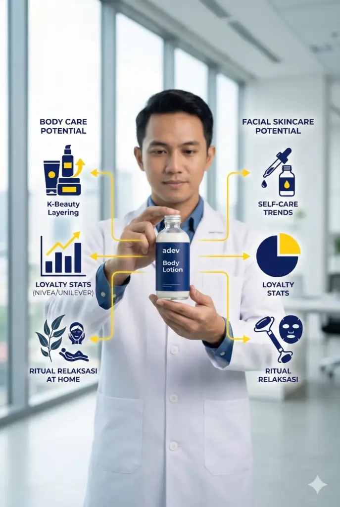 Infografis perbandingan bisnis body care dan skincare wajah dengan tren self-care dan loyalitas konsumen adev.