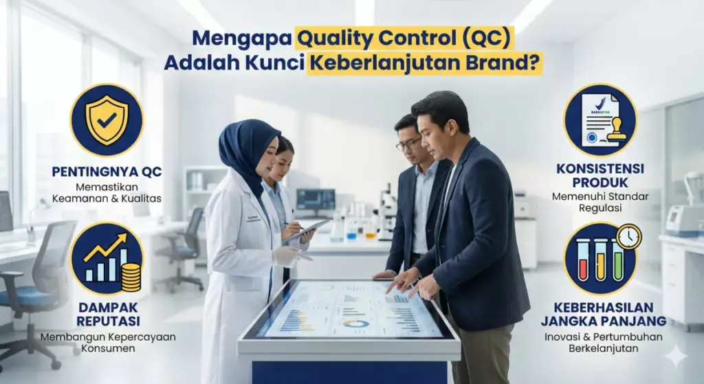 Infografis alasan QC vital untuk keberlanjutan brand maklon kosmetik Adev