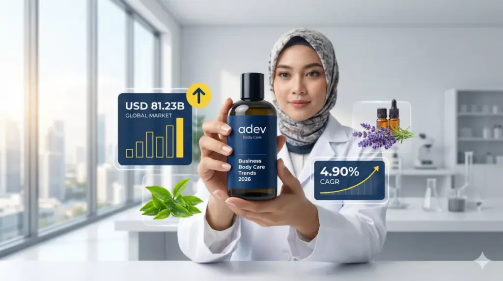 Ilustrasi infografis peluang bisnis body care 2026 dengan data pasar global dan produk adev di lab modern.