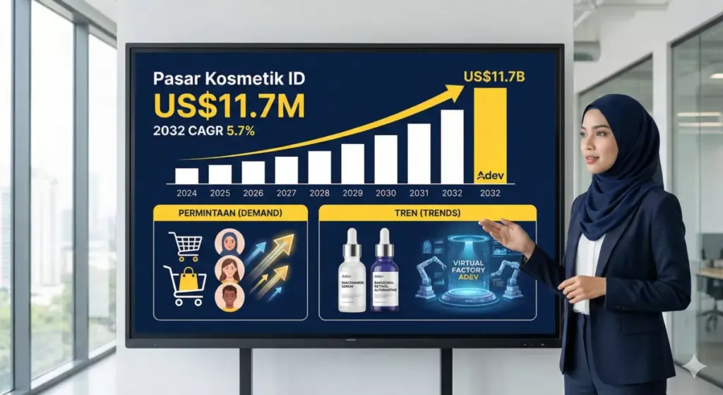 Infografis peluang skincare Indonesia US$11.7Miliar 2032, tren hero ingredients Adev